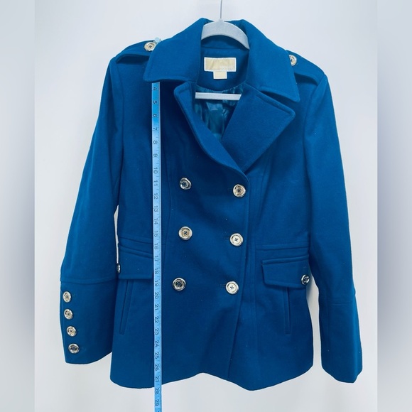 Michael Kors Wool Blend Double Breasted Pea Coat Women's Gold Button Blue Size L - Picture 7 of 13